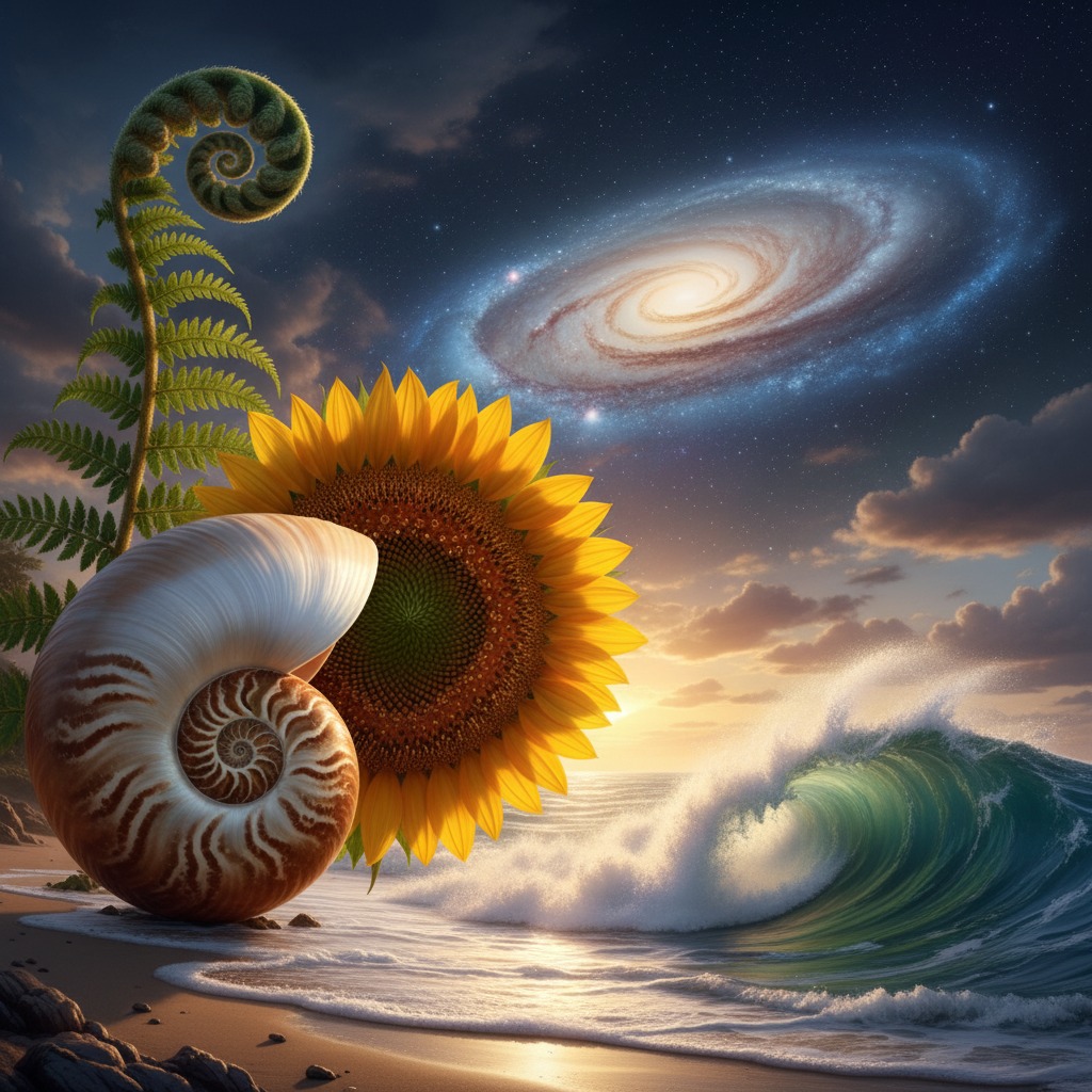 Eine Sonnenblume, ein Farn und eine Nautilus-Muschel stehen an einem Strand vor einer brechenden Welle unter einer spiralförmigen Galaxie am Nachthimmel.